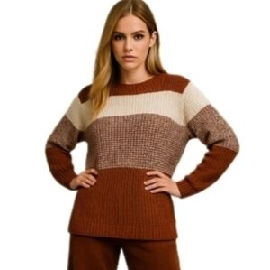Brown White Chunky Knit Striped Pullover Sweater M